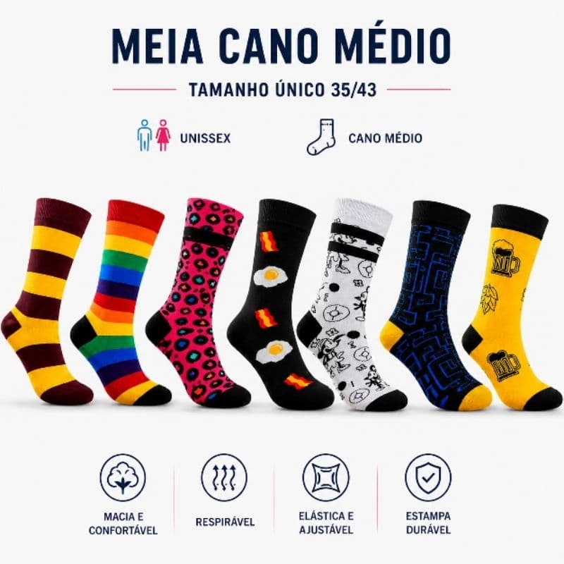Meia Cano médio Estampada 35 ao 43 Unissex | Tamanho Único