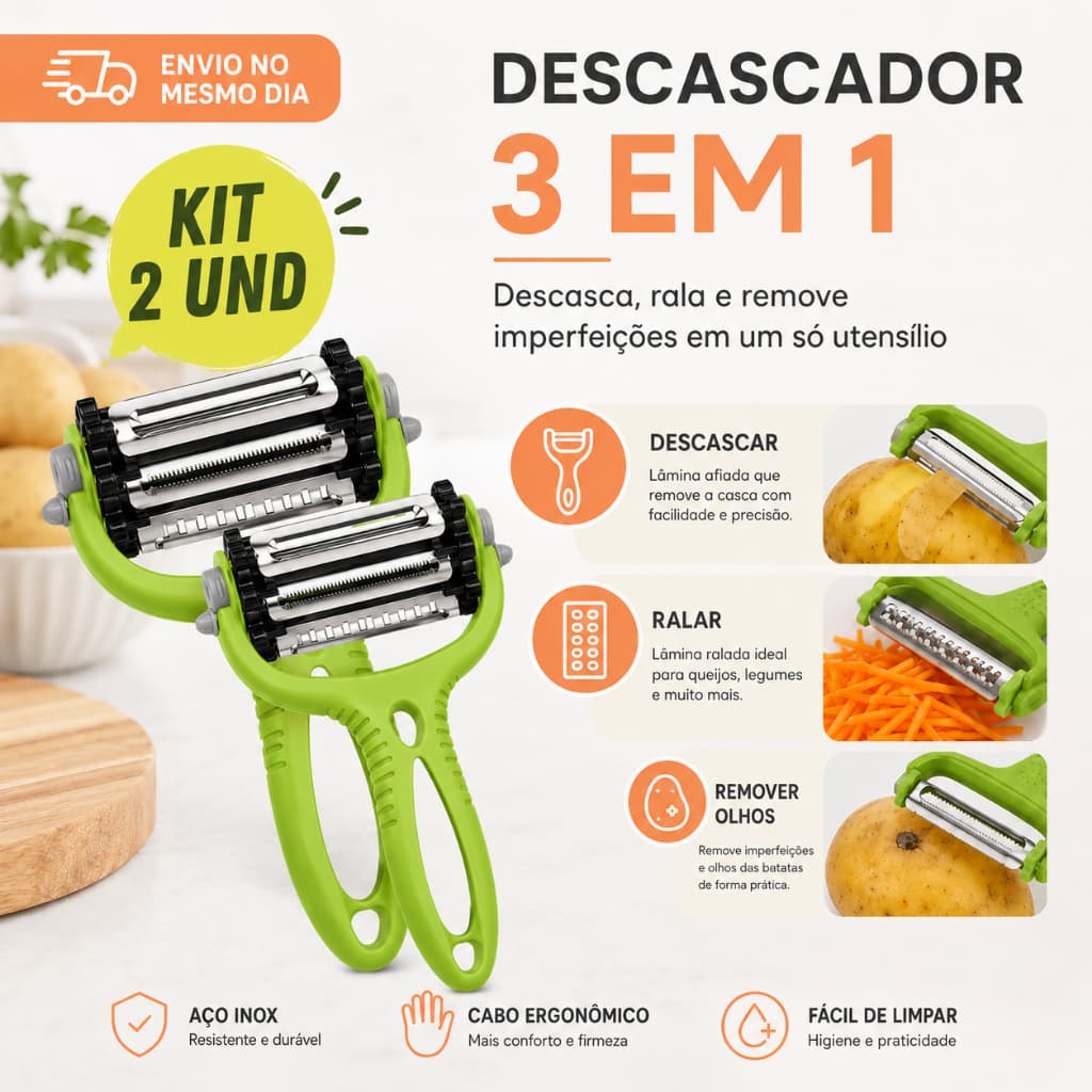 kit 2 Descascador de Legumes, Frutas Lâmina 3 em 1 de Aço Inox Lisa, Serrilhada e Julienne