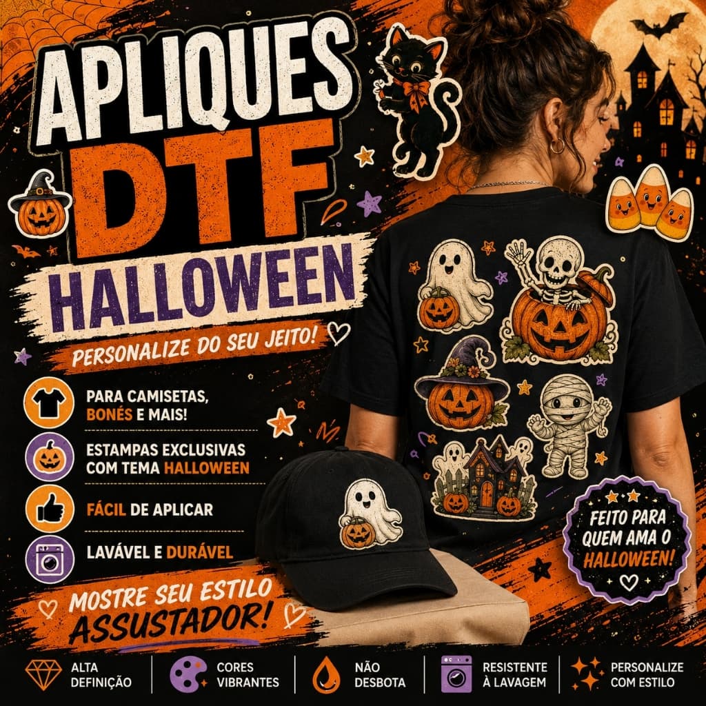 Aplique Adesivo Cartela Halloween Dia das Bruxas Festa Termocolante DTF