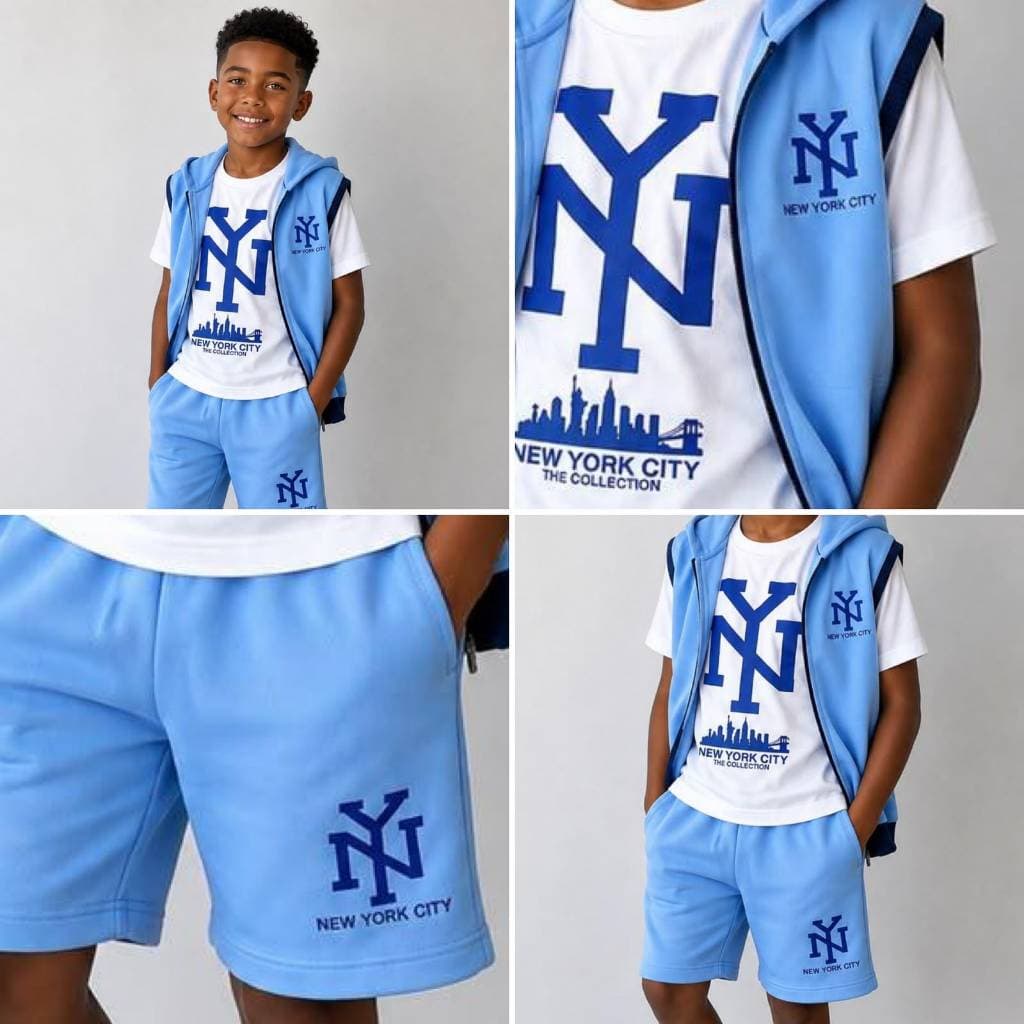 Conjunto 3 peças Infantil e Juvenil Masculino - Camiseta + Bermuda+ Colete Conjunto Estiloso de verão Menino 4 a 12 anos