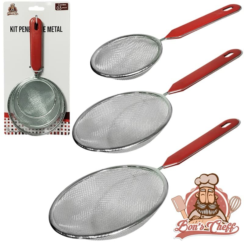 PENEIRA COADOR DE INOX CABO PLASTICO COM 3 PECAS 8 / 10 / 11,5CM DE Ø BONS CHEFF
