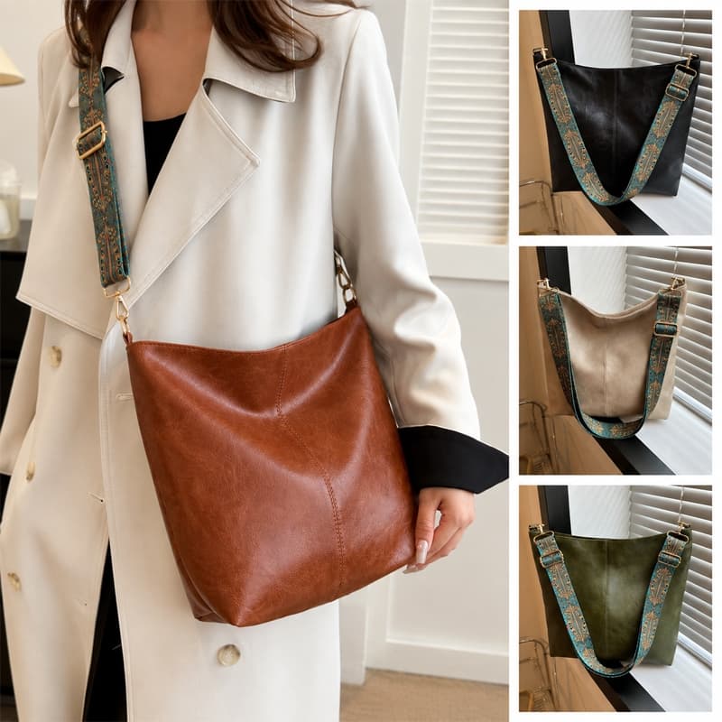 Bolsa Feminina Grande de Ombro e Transversal em PU, Bolsa Saco Casual com Alça Larga Ajustável, Moda Fashion