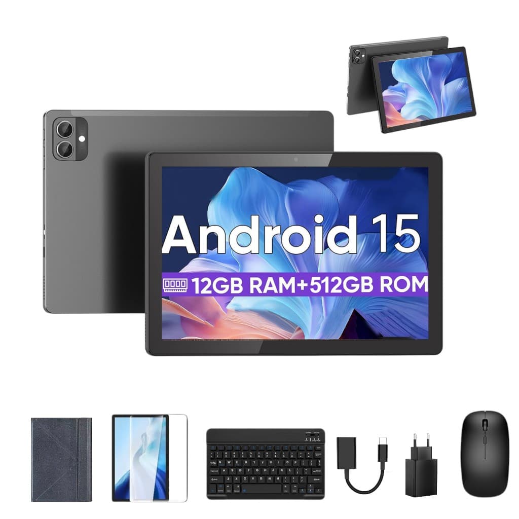 3 em 1 Tablet, 12GB RAM+512GB com Capa/Teclado/Mouse,16MP + 32MP, Android 15, 10000mAh