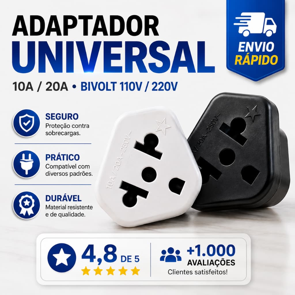 Adaptador de Tomada 10 A e 20A Benjamin 20A Pino Maciço Bob Resistente nas cores Preto e Branco