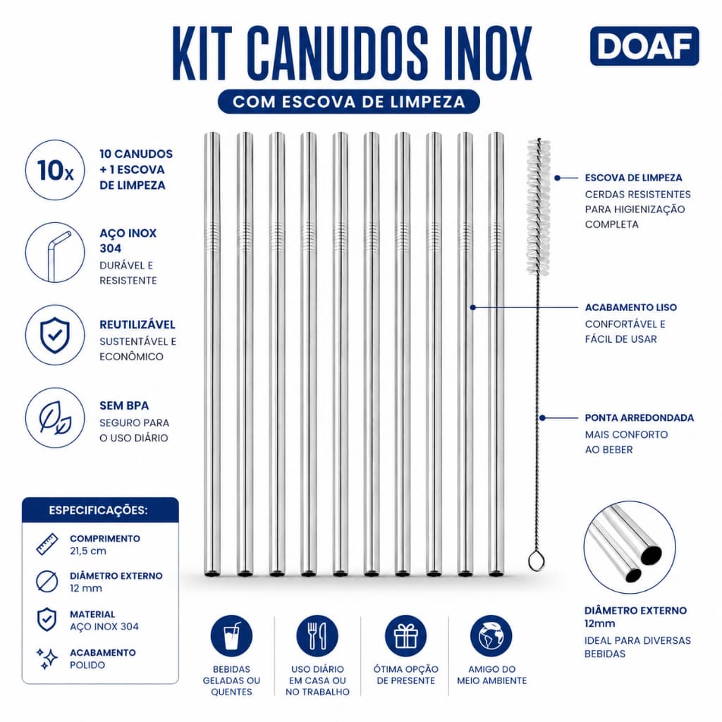 Kit 10 Canudos Inox 12mm Reutilizável + Escova P/ Limpeza