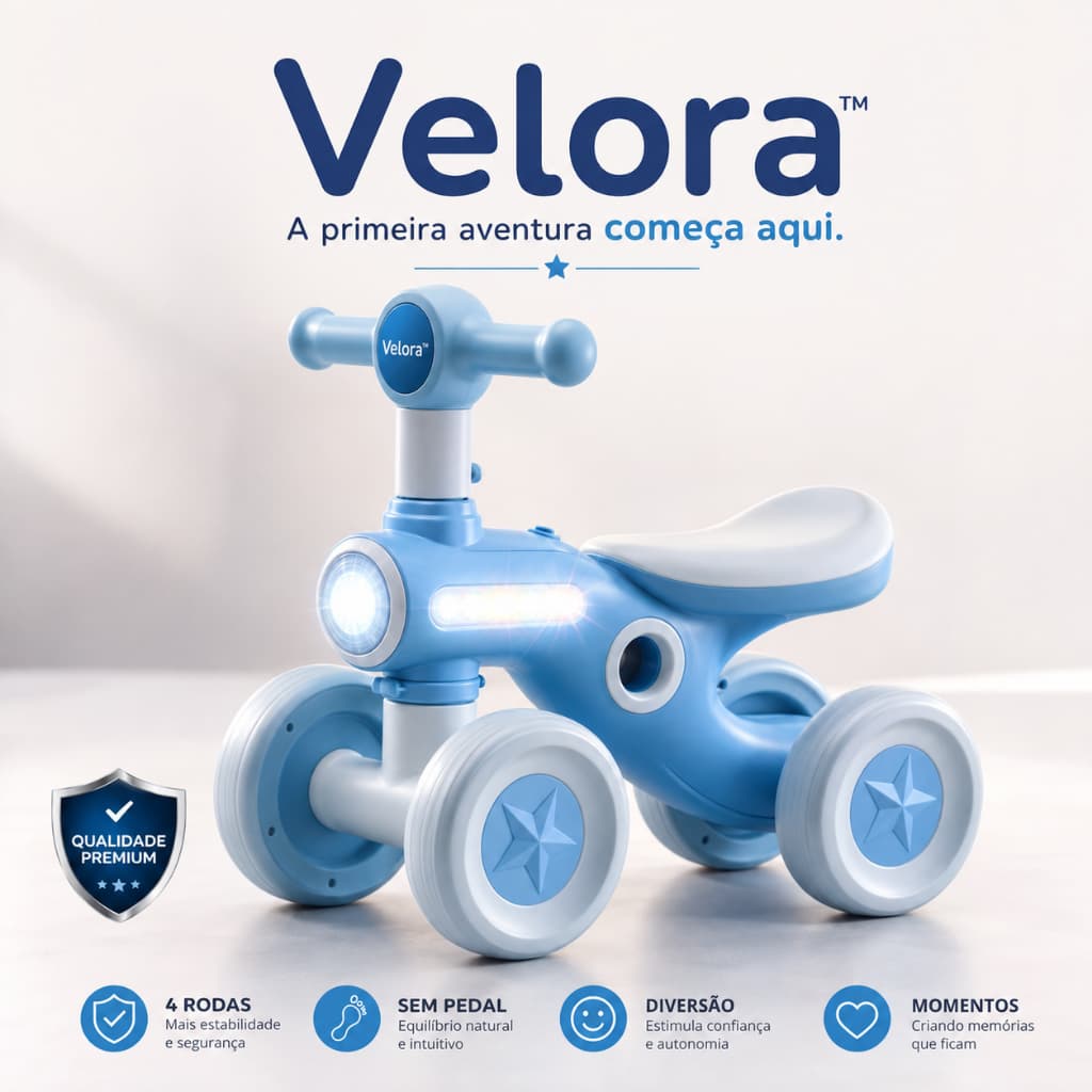 Bicicleta Infantil Velora™ Balance Bike 4 Rodas Sem Pedal Estável Azul