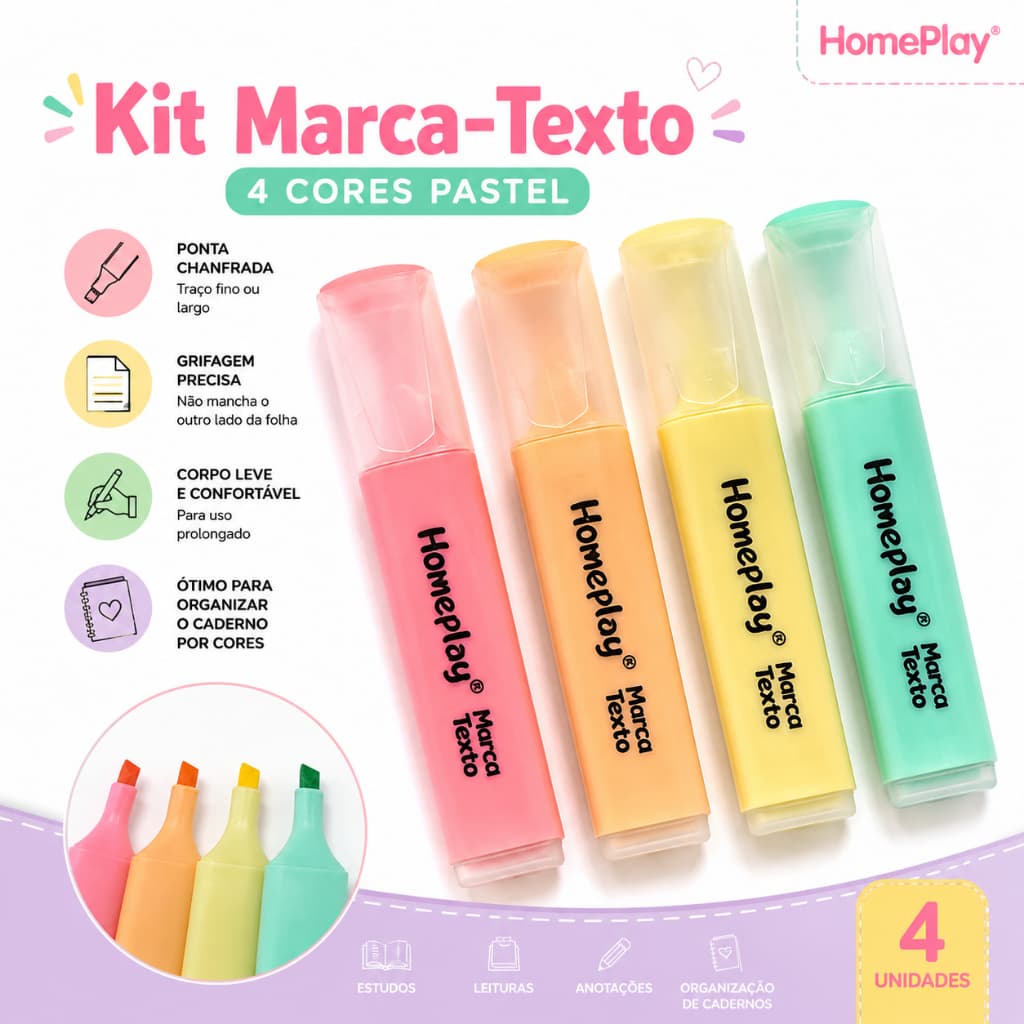 Kit 4 Marca Texto (4 cores pastel) Caneta marca texto Homeplay