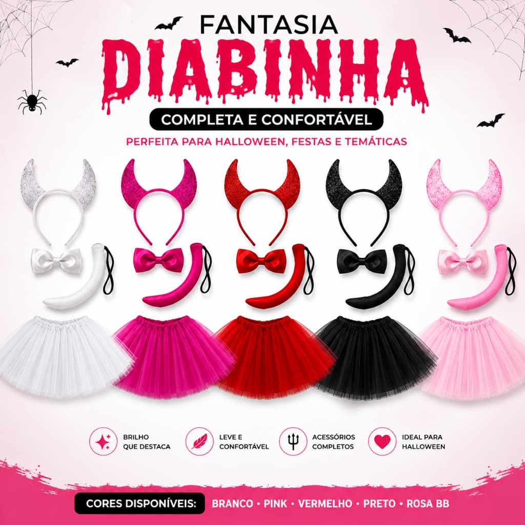 Kit Fantasia Diabinho Sensual Halloween Festa Tematica com Tiara Saia e Acessórios