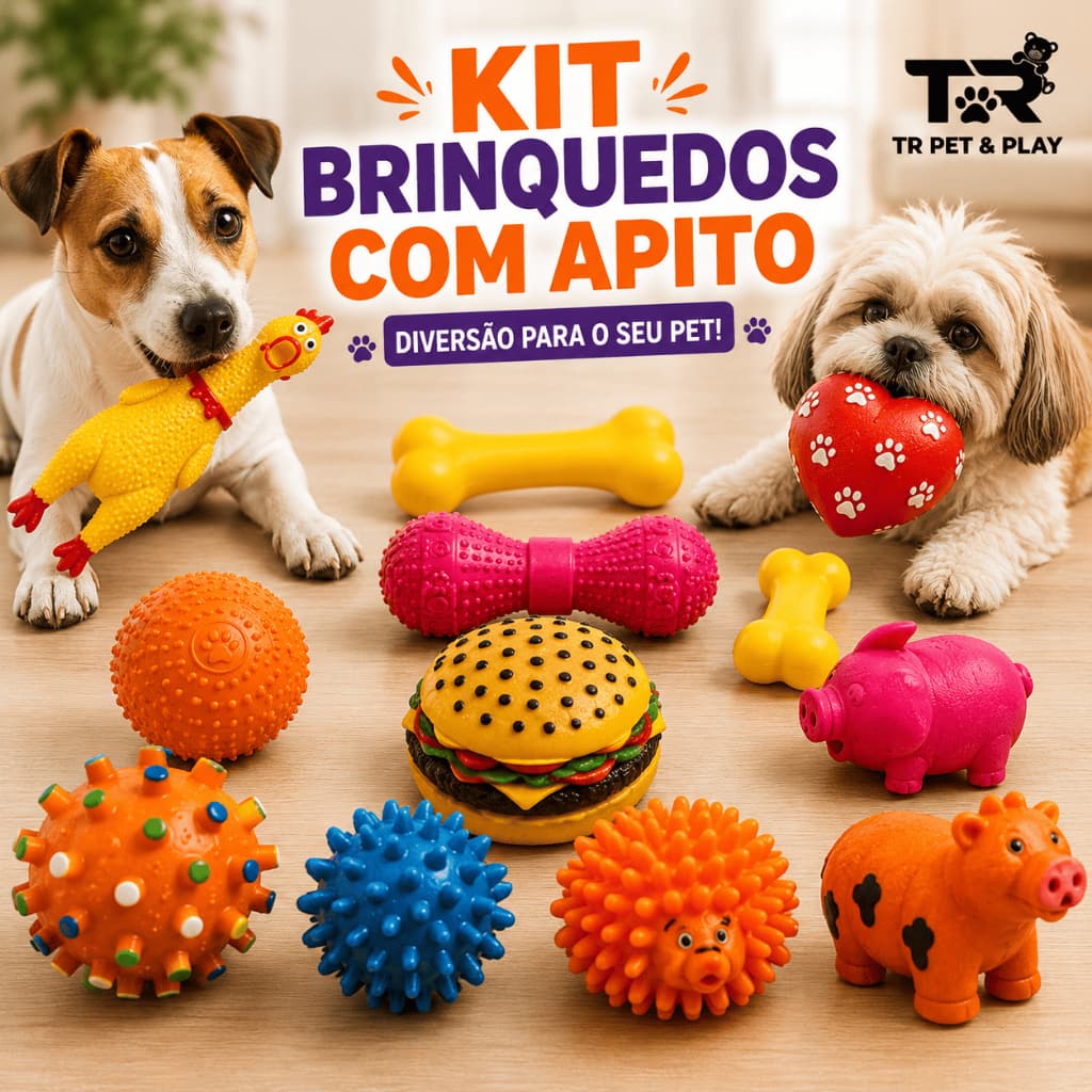 Kit Brinquedos Mordedor Pet com Apito Cachorro Gato Pequeno Médio Porte Sortidos