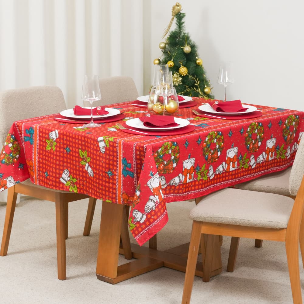 Toalha de Mesa Natal Estampada Brilhare Oxford 100% Poliéster Mesa Posta Ceia 4 6 e 8 Lugares