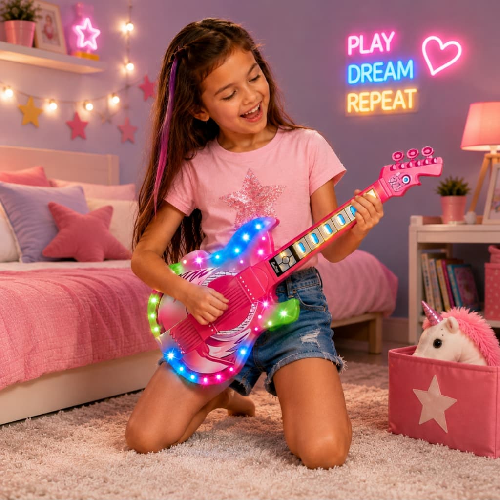 Brinquedo Guitarra Infantil Rosa C/ Sons E Luzes Botões Interativos Instrumento Musical Didático Para Crianças - Cast