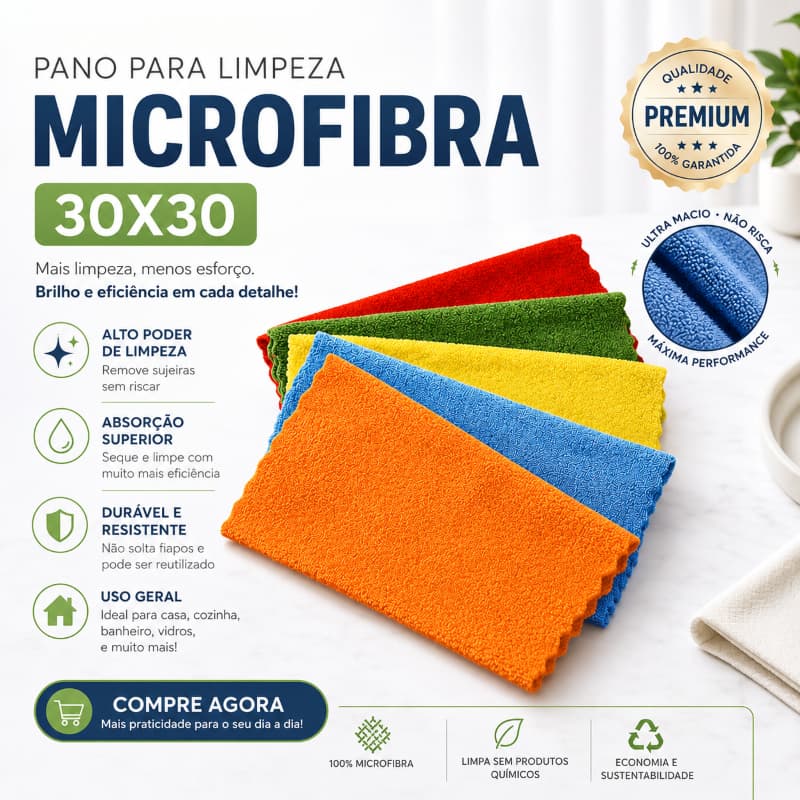KIT 5 / 10 /20/ 30 uni Pano Limpeza Microfibra 30x30CM, Carro, Casa, Vidro - Não Risca - Alta absorção