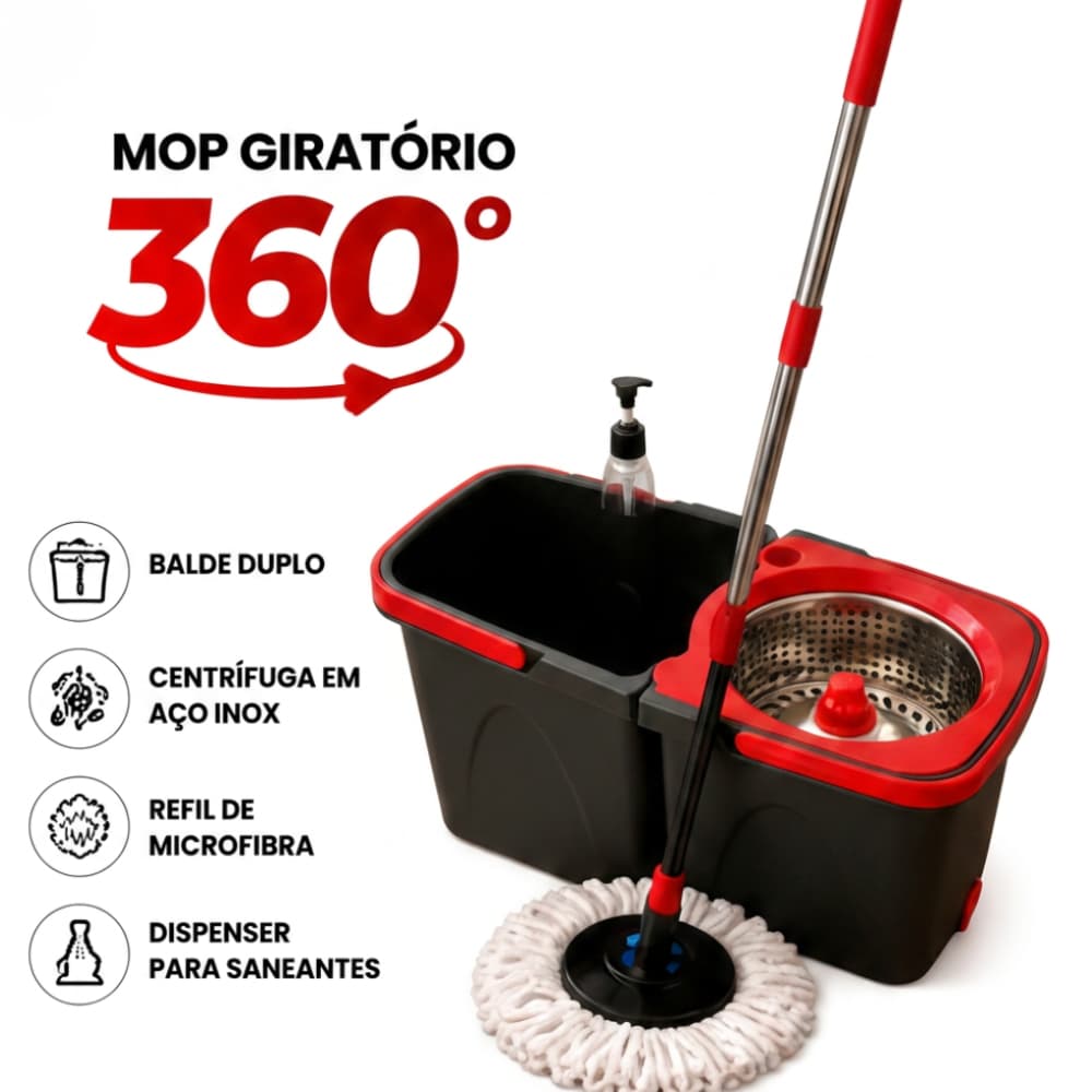 Mop Giratório 360° Powermaid com Balde Duplo, Centrífuga em Aço Inox, Refil Microfibra e Dispenser para Limpeza de Pisos