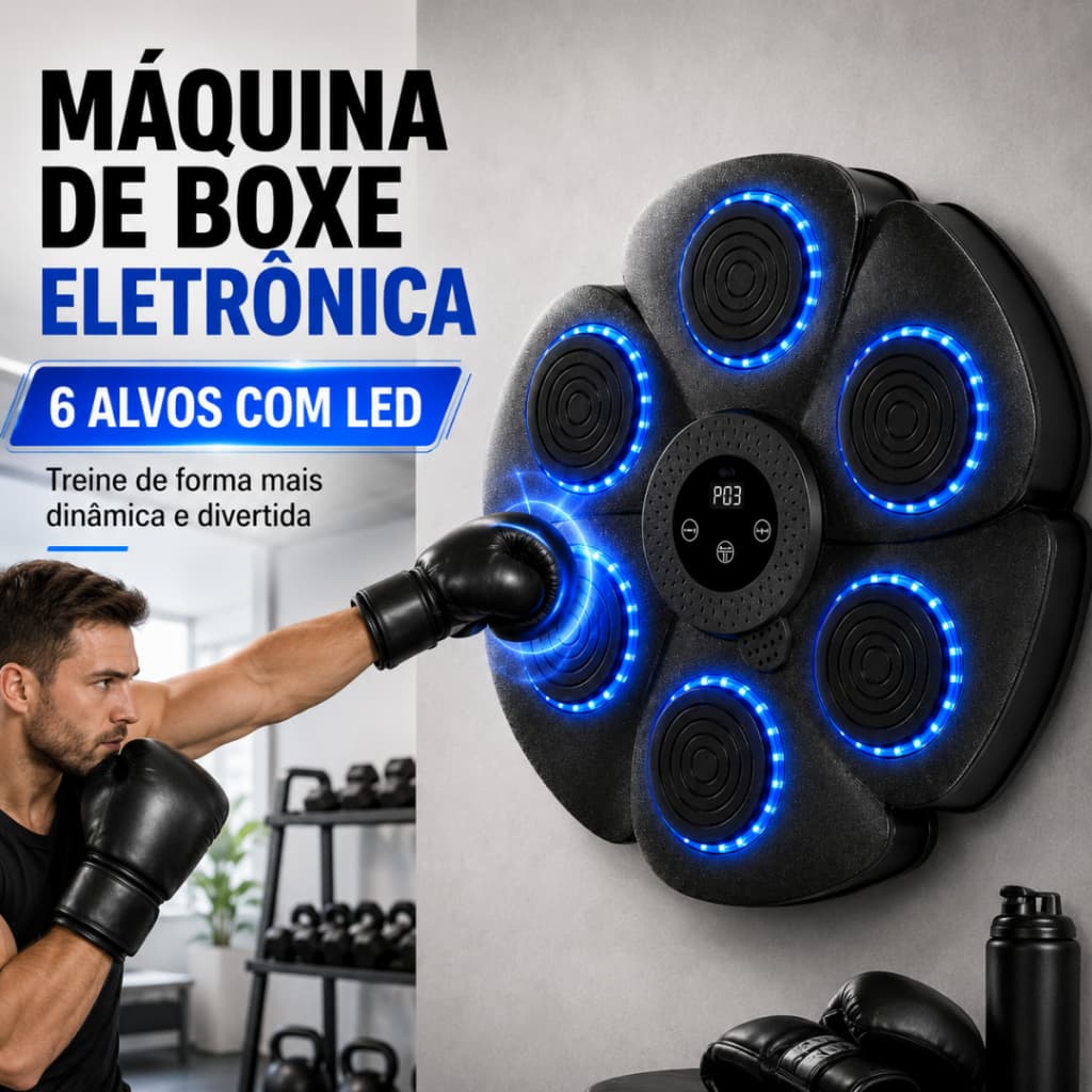 Máquina de Boxe Eletrônica Musical de Parede com 6 Alvos LED para Treino de Reflexo e Agilidade Preta