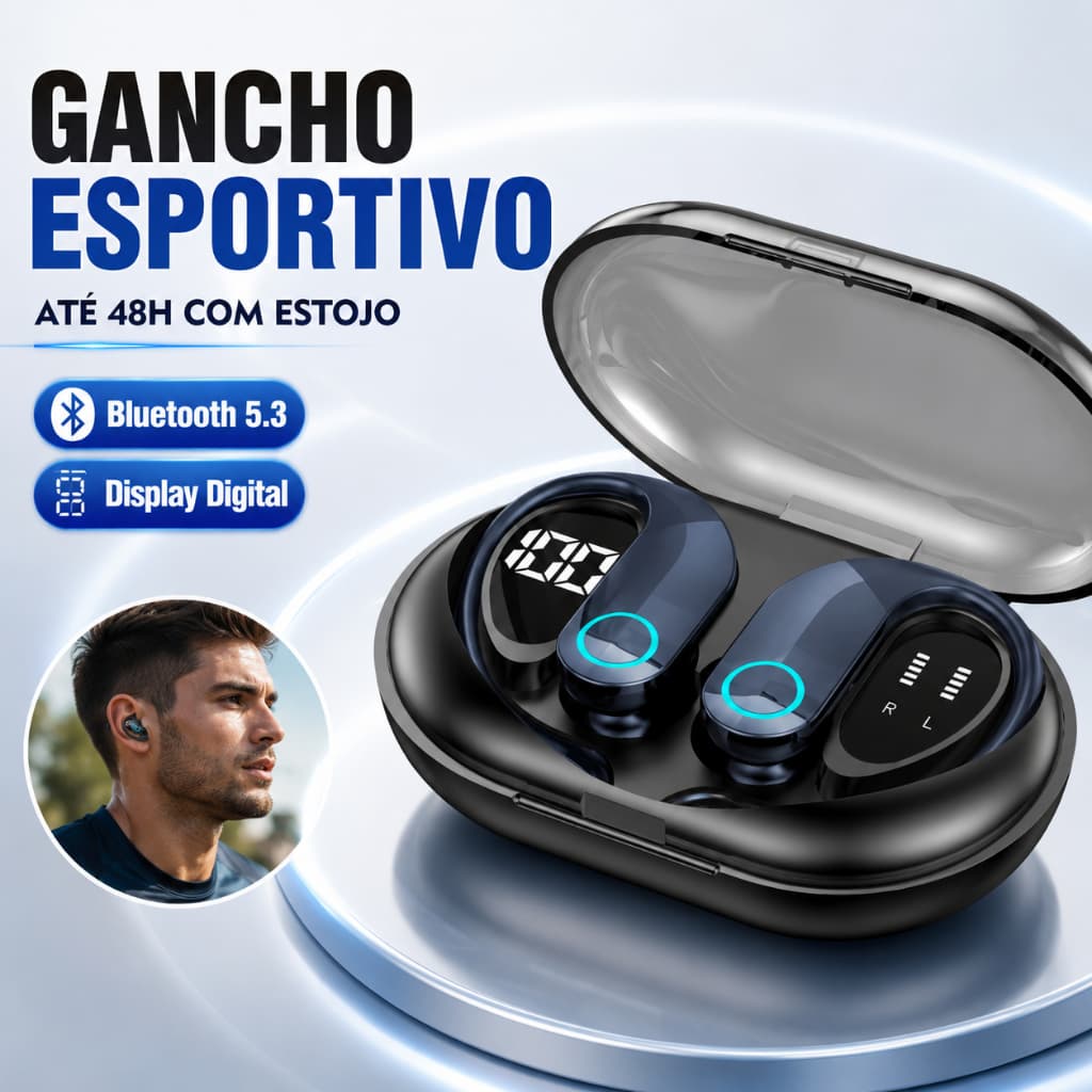 Fone de Ouvido Bluetooth 5.3 TWS Sem Fio Esportivo com Gancho de Orelha Display Digital K-G37PRO