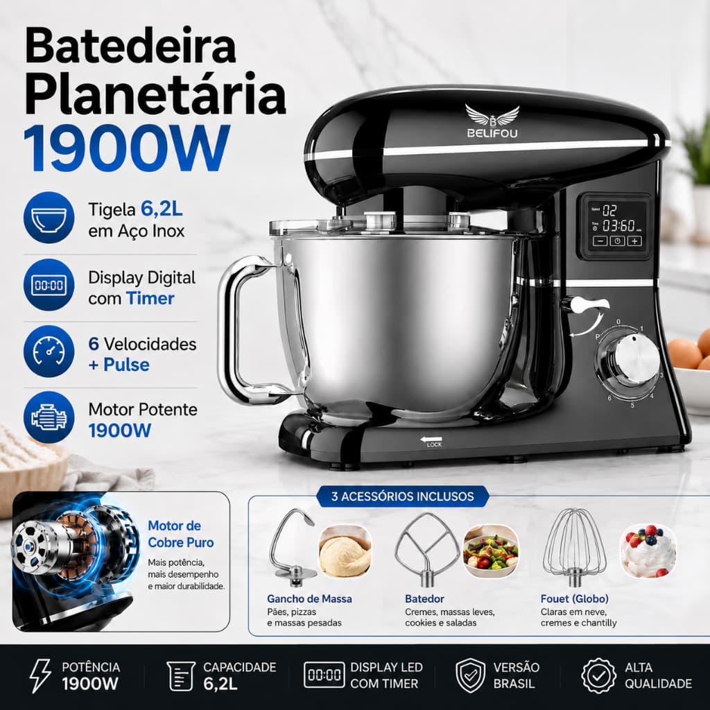 Belifou Batedeira Planetária 3 em 1 1900W 6,2L com Timer Display LED 6 Velocidades + Pulse Inox