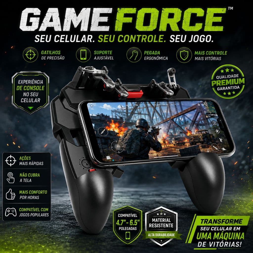 GameForce™ Controle Gamer Celular Gatilhos Suporte Smartphone 4.7 a 6.5 Polegadas