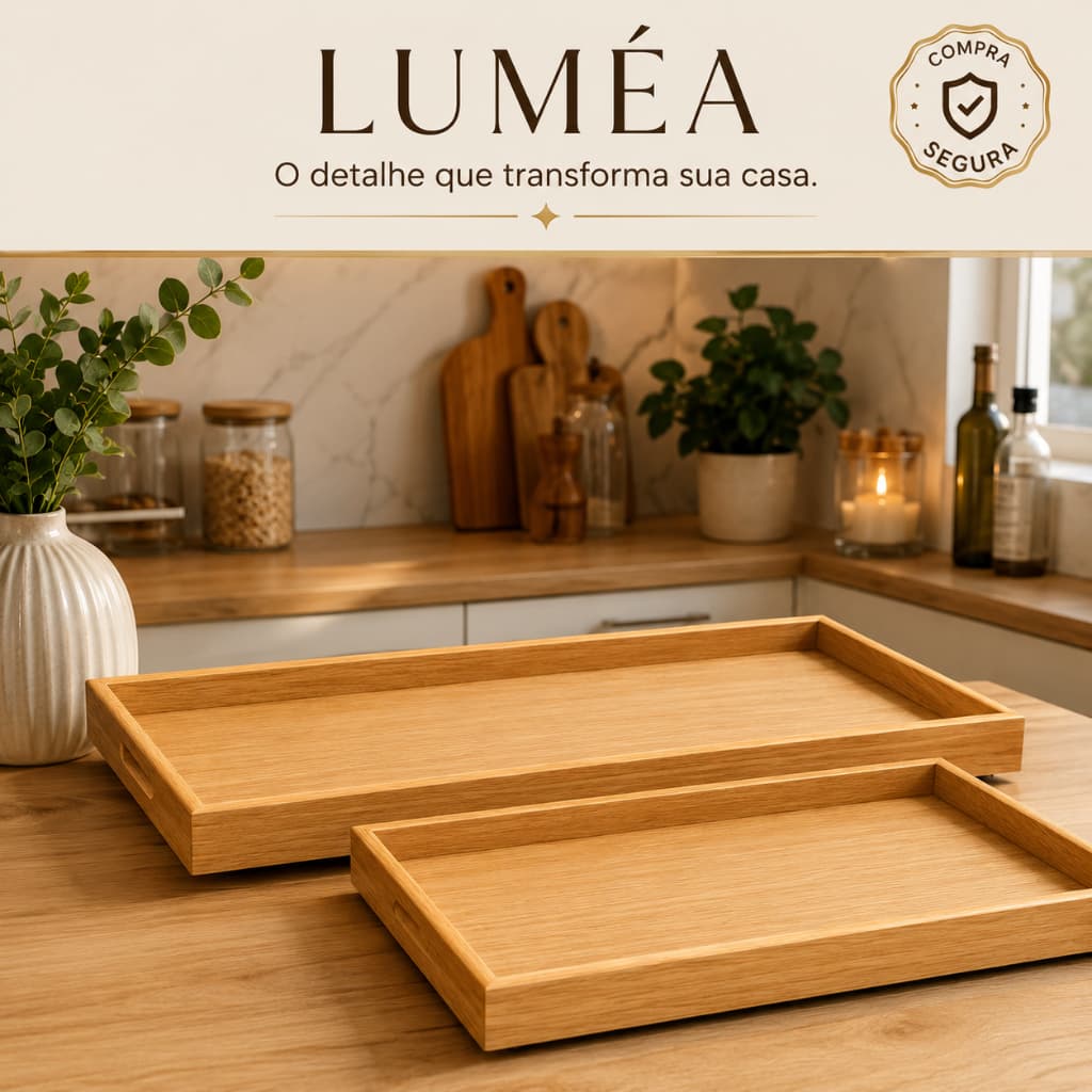 Kit 2 Bandejas Decorativas Retangulares de Madeira Luméa