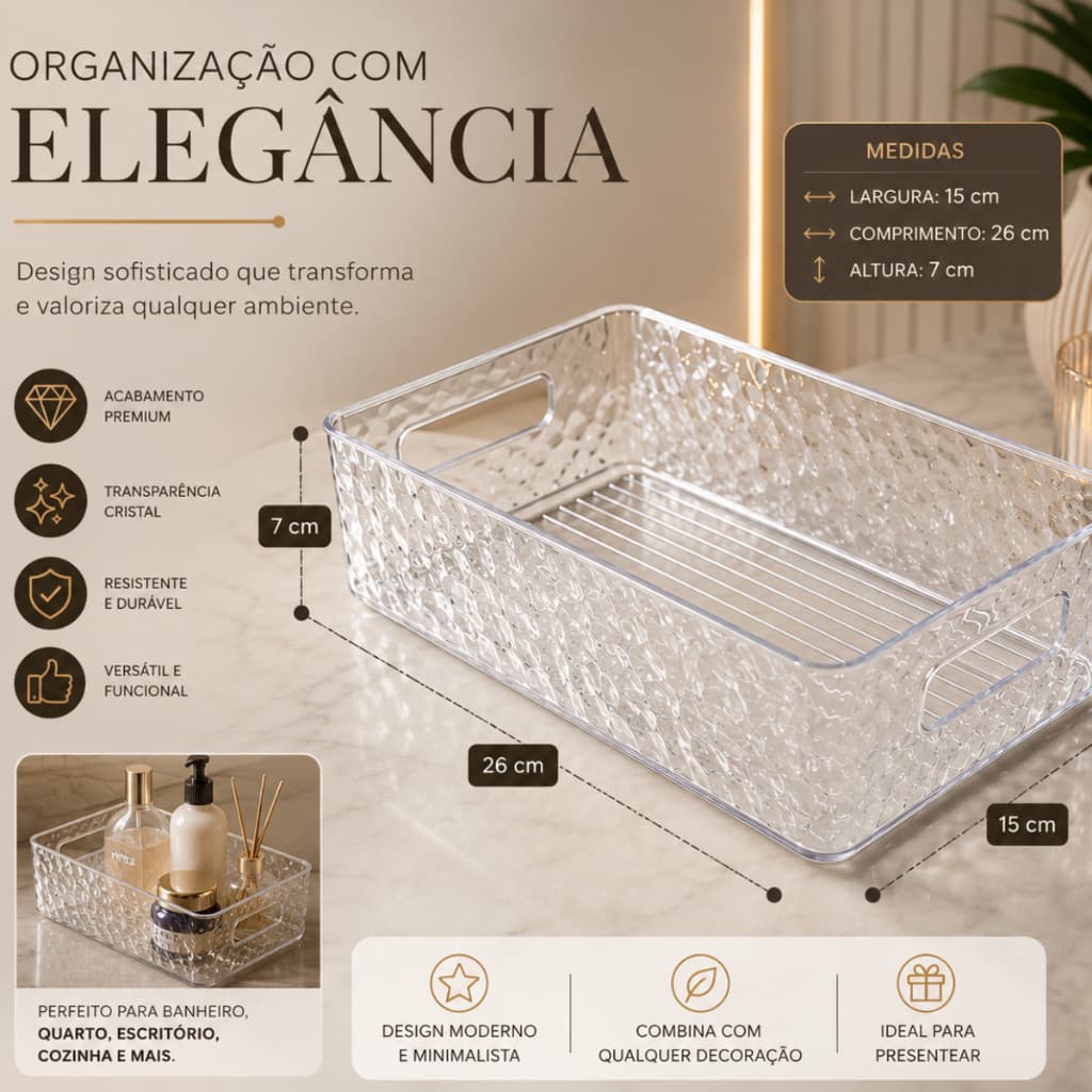organizador transparente retangular 26x15x7 cm -design com textura , material plástico maleável