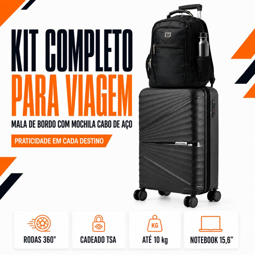 Kit Mala de Viagem de Bordo 10 kg com Rodas 360° e Mochila Cabo de Aço para Notebook 15,6”