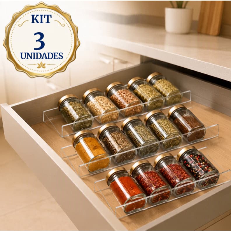 Kit 3 Porta Temperos Acrílico Organizador Gaveta Condimento Divisórias Cozinha
