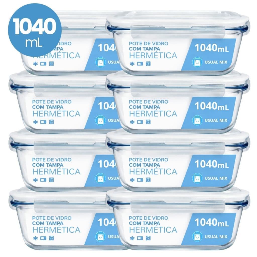 Kit 10 Pote Vidro Hermético Marmita 1040ml Micro-ondas Freezer Forno Organização Geladeira