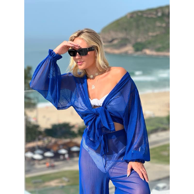 Conjunto Saída de Praia Feminina 2 Peças Camisa Manga Longa Calça Pantalona Verão