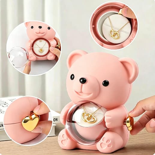 Caixa Presente Ursinho Pelucia Rosa com Colar Joias Rotativa Valentine para Namorada Feminina Eterna