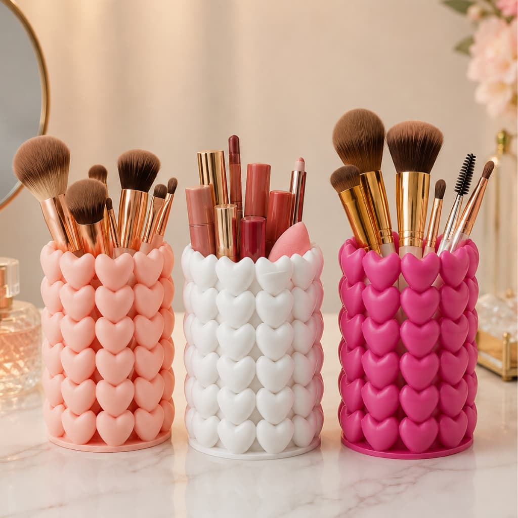 Porta Pincéis Maquiagem Organizador Mesa Penteadeira Corações Acolchoados Plástico Fosco Decorativo