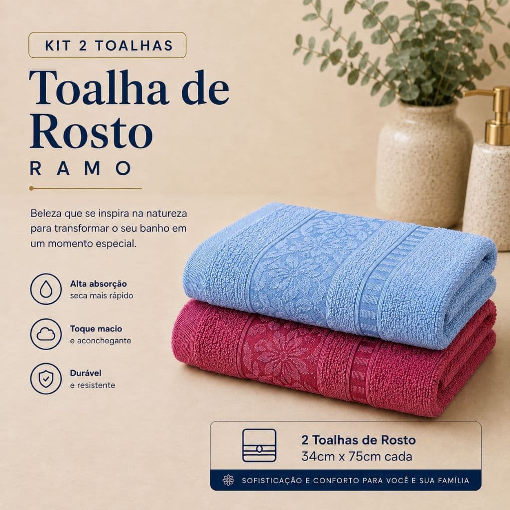 Kit 2 Toalha de Rosto Ramo Grande Macia Alta Absorção Banheiro Diário Grossa Secagem Rápida Confortável