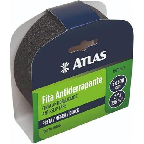 Atlas - Fita Adesiva Antiderrapante Preta, Rolo de 5 metros com 5cm de Largura