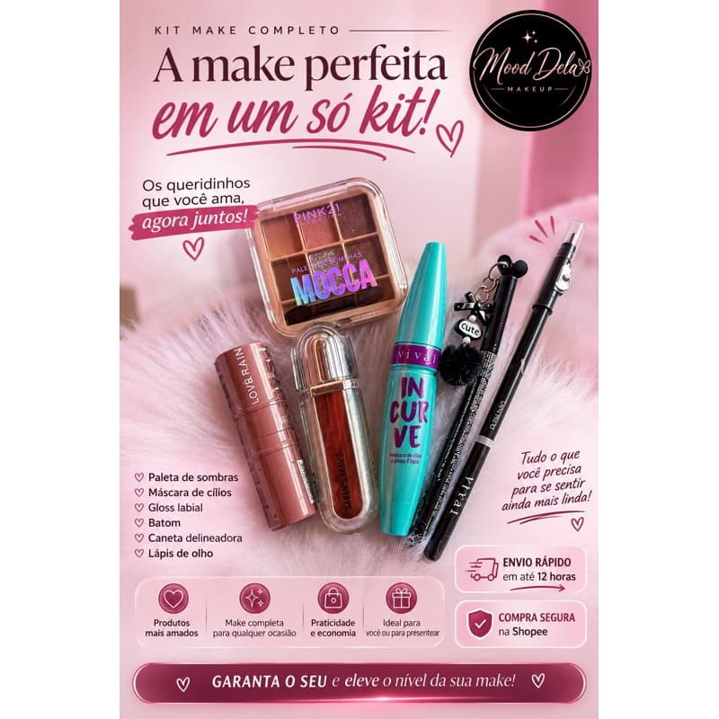 Maquiagem Completa Feminino 6 Itens | Paleta de Sombras, Máscara, Gloss, Batom, Delineador e Lápis de Olho