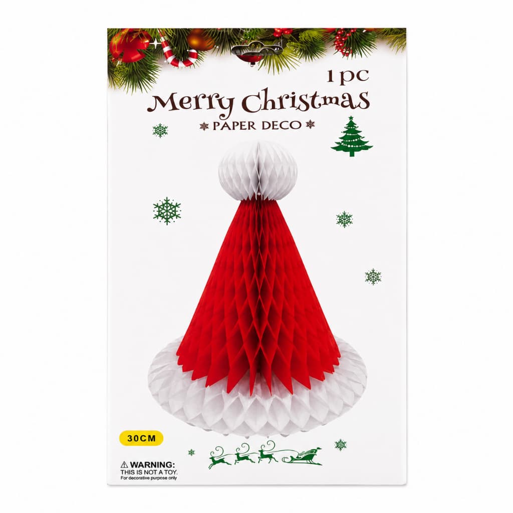 Kit 6 Enfeite de Natal 3D Chapéu Papai Noel em Papel Colmeia 30cm Reutilizável para Decoração Natalina