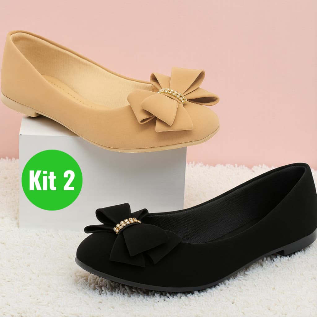 Kit 2 Pares Sapatilha Feminina com Laço Bico Redondo Confortável Macio Dia Dia