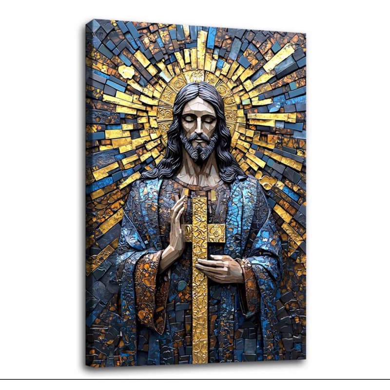 Quadro Decorativo Jesus Sagrado com Cruz Arte Religiosa Mosaico Dourado Azul para Quarto Sala Igreja MDF Alta Qualidade