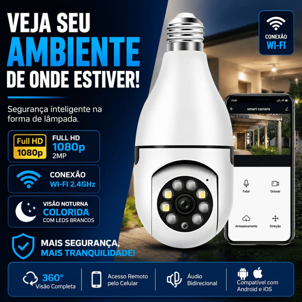Câmera Lâmpada WiFi 360° Full HD 1080p Visão Noturna Colorida Áudio Bidirecional E27