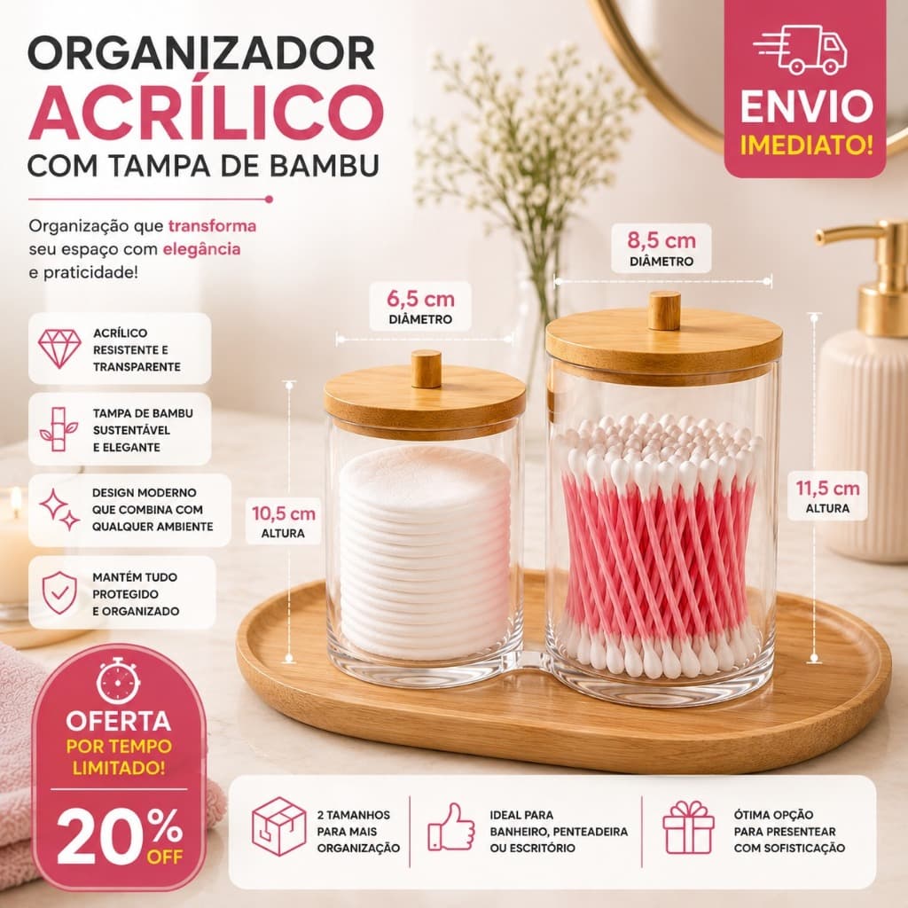 Organizador Acrílico para Algodão e Cotonetes com Tampa de Bambu para Banheiro