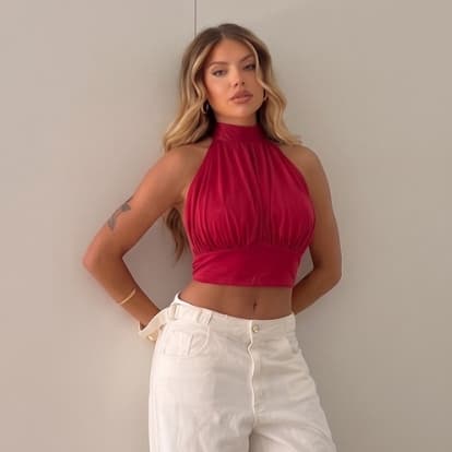 Cropped Feminino Gola Alta Amarração Atras Franzido Tecido Suplex Moda Verão