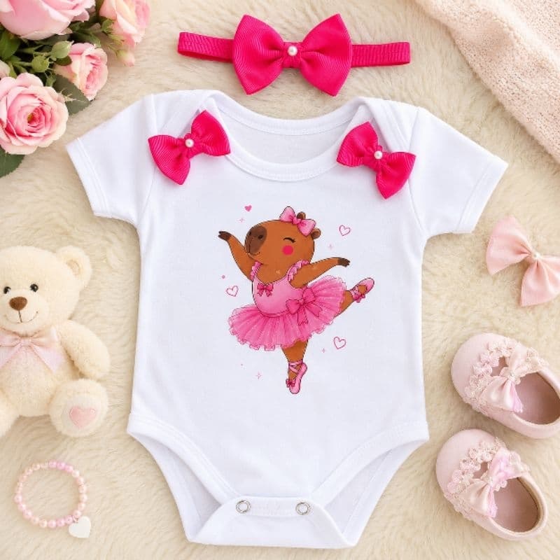 Body Bebê Menina 100% Algodão com Laço Estampado | Body Infantil Feminino Fofo | Roupa Bebê