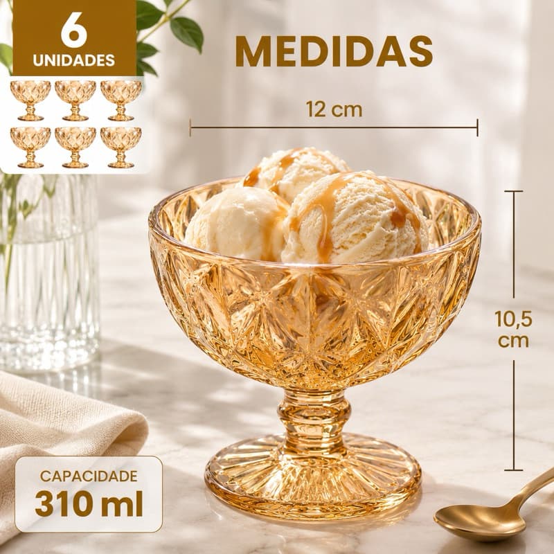 Kit Jogo 6 Peças Taça Coquetel Vidro Borda Dourada 310ml Cozinha Sobremesa Casa Restaurante