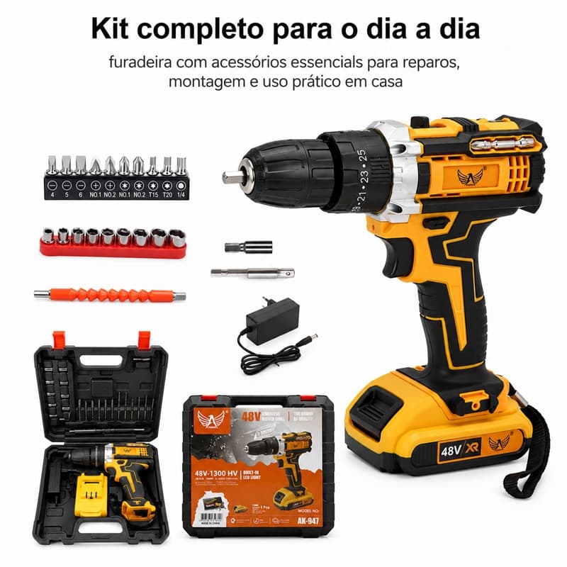 Parafusadeira Furadeira 48V Sem Fio 2 Velocidades Mandril 10mm Luz LED