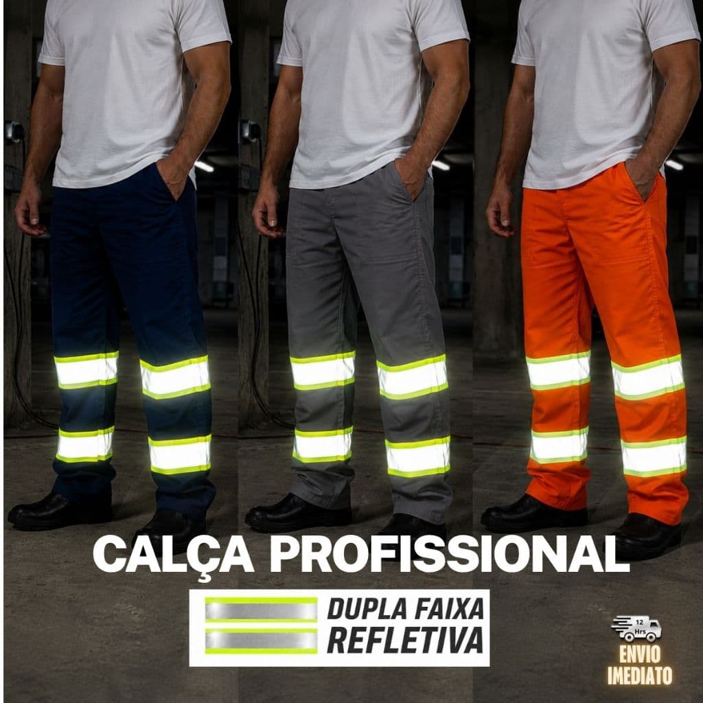 Calça de Trabalho com Faixa Refletiva Dupla  Alta Visibilidade Marinho Cinza Laranja  Segurança Noturna