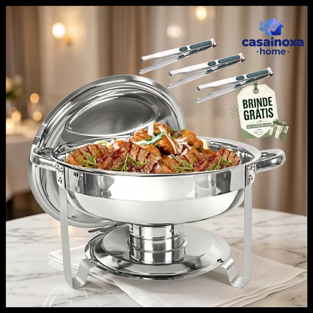 Rechaud Inox Redondo 6 Litros Banho Maria com Queimador Aquecedor de Alimentos para Buffet Hotel Restaurante