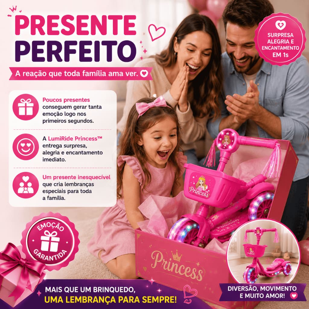 Patinete Infantil 3 Rodas Dobrável Com Luzes Som Cestinha Rosa Menina