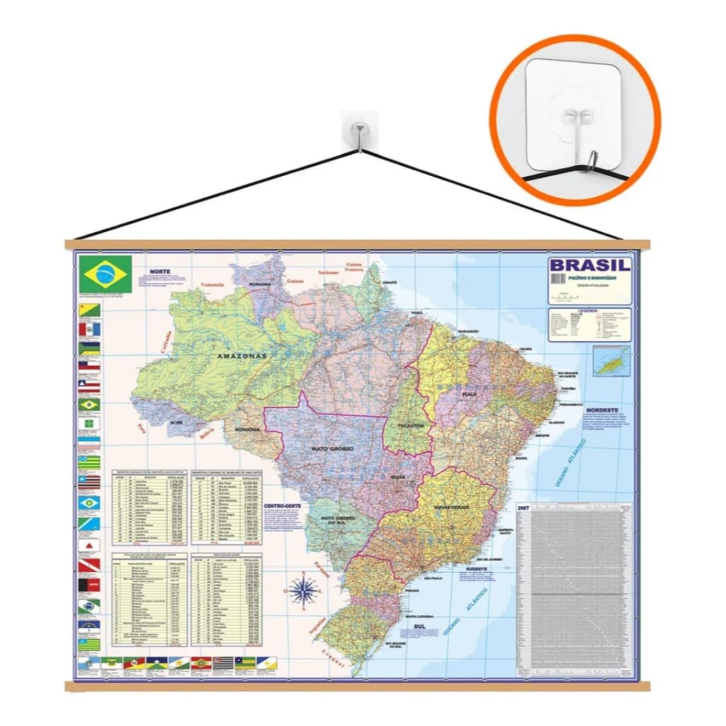 Mapa Brasil Banner EDIÇÃO 2026  + Gancho Autocolante Pronto Para Pendurar - Grande 120x90cm