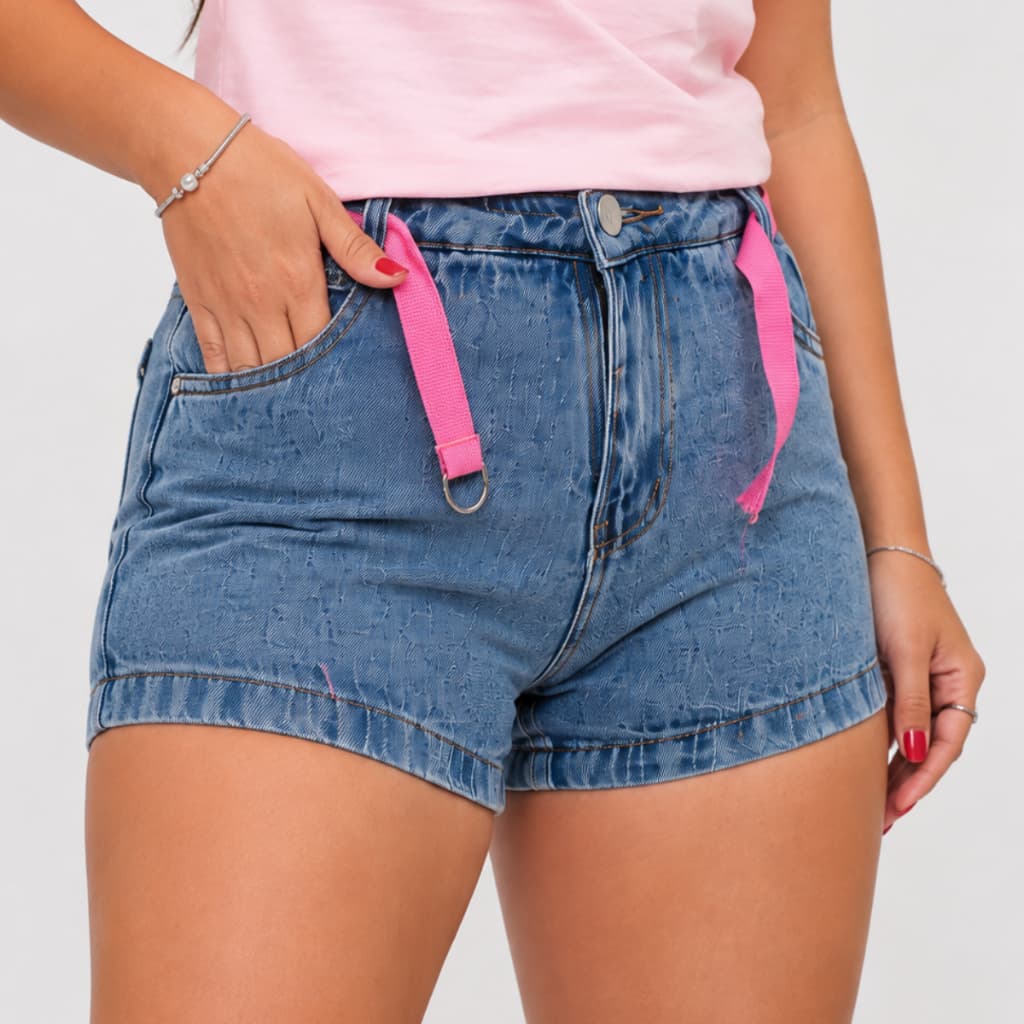 Short jeans marmorizado de menina juvenil do 10 ao 16 com cordinha