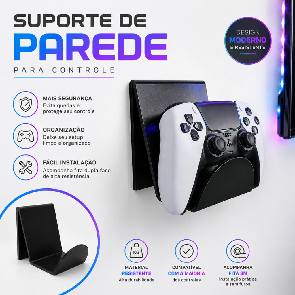 Suporte para Controle de Vídeo Game de Parede Autoadesivo  PS5 | PS4 | PS3 | Xbox | Fone de Ouvido