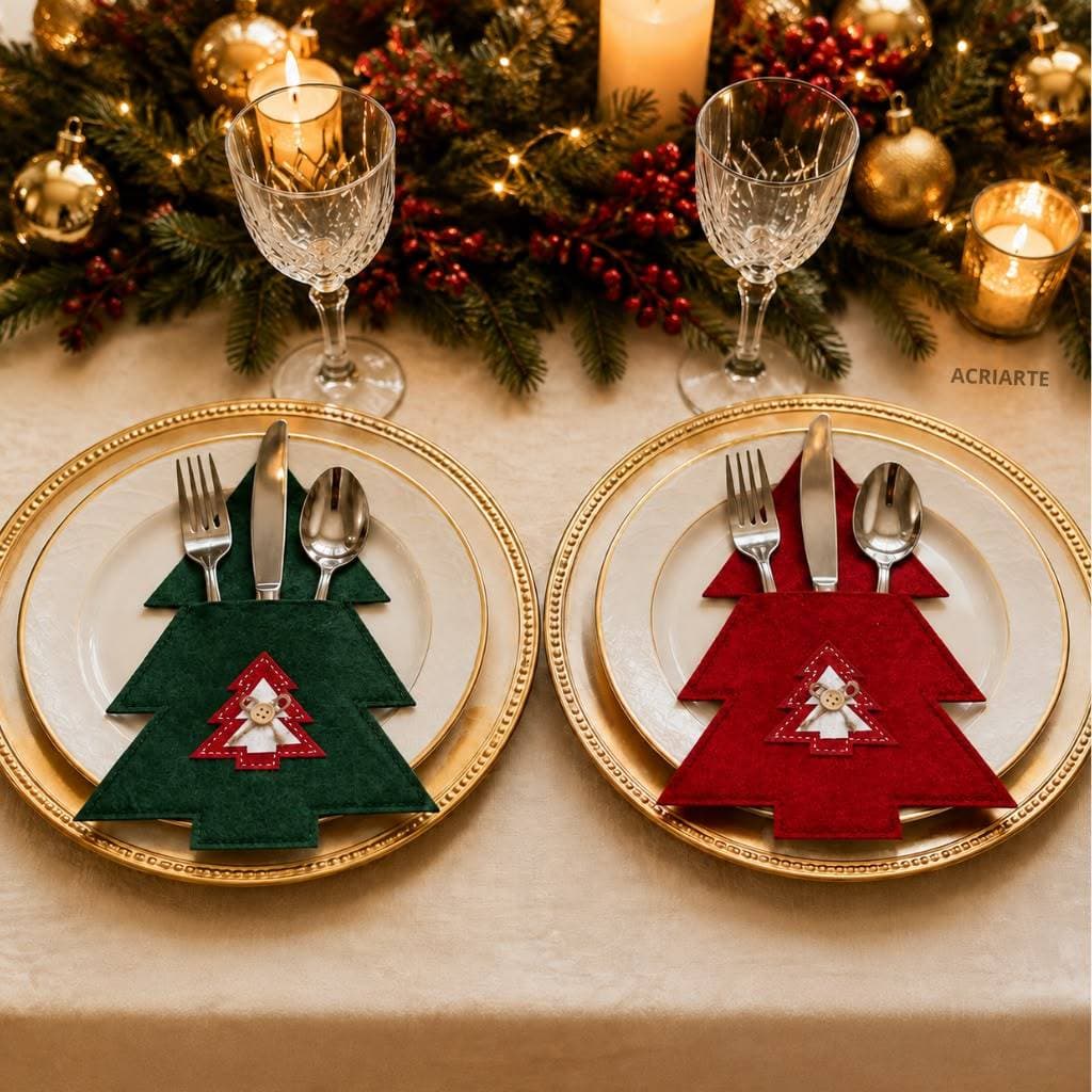 Porta Talher de Natal, Mesa posta decoração Natalina, Porta Talher em Árvore de Natal