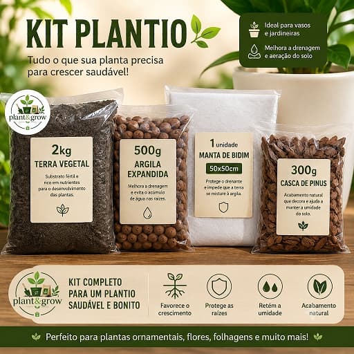 KIT PLANTIO 2KG DE TERRA, ARGILA, MANTA E CASCA DE PINUS