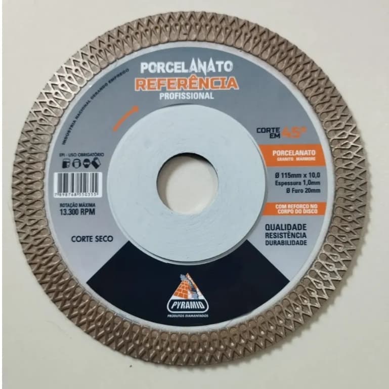 Disco Porcelanato Referencia com reforço furo 20mm Corte 45° Ultra Fino 115mm piso cerâmica Pyramid